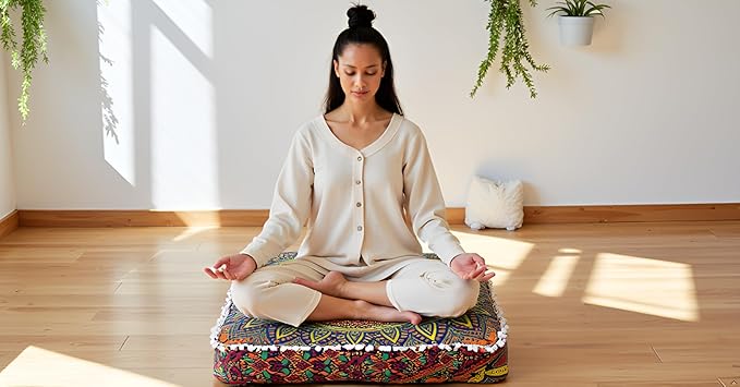 CRAFT KALA Large Hippie Mandala Meditation Floor Ottoman Pillow Cushion Pouf Cover Square Poufs Bohemian Circle Floor Cushion Case Outdoor Fireplace Yoga Living Room Decor Cover New Blue, 16" Square