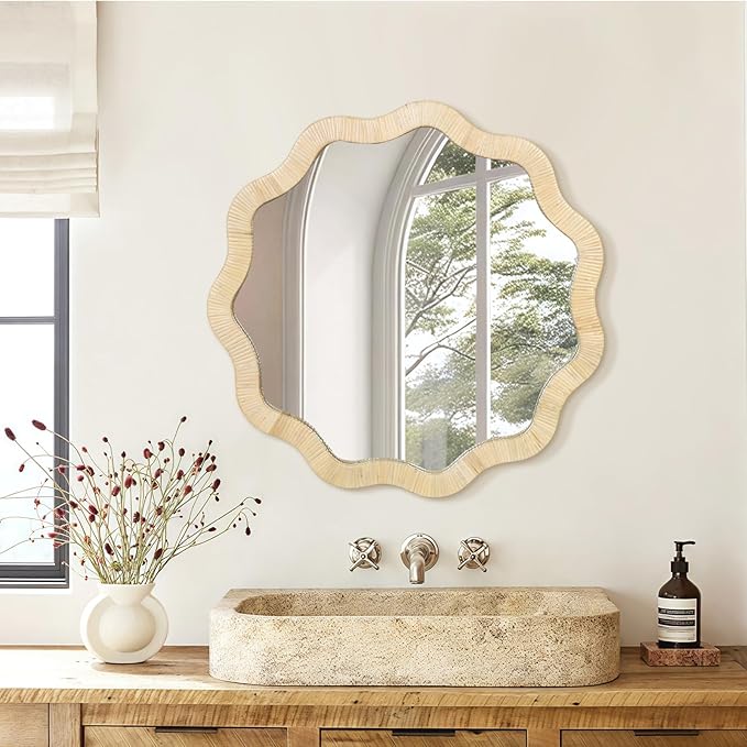 ULIKE Rattan Wicker Mirror for Bathroom, 24 Inch Boho Woven Decorative for Wall, Rustic Farmhouse Vanity Mirror, Geometric Scalloped Rattan Mirrors for Living Room Entryway Bathroom Bedroom