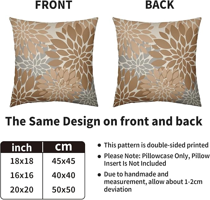 Light Brown Grey Gray Pillow Covers 20X20 Inch Set of 2, Dahlia Flower Spring Summer Floral Cream Decorative Throw Pillow Covers Outdoor Modern Farmhouse Cushion Case for Home Couch Sofa Bed Decor