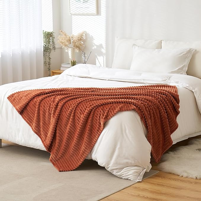 MIULEE Rust Throw Blanket 3D Ribbed Jacquard Fleece Flannel Velvet Plush Decorative Bed Blanket (Throw, 50" x 70") - Super Soft, Lightweight, Warm and Cozy for Couch Sofa