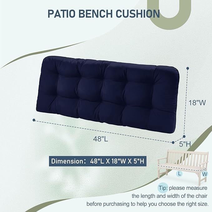 downluxe Outdoor Bench Cushion for Patio Furniture, Water Resistant Tufted Overstuffed Porch Swing Cushions, Thick Outdoor Loveseat Cushions, 48" X 18" X 5", Navy, Set of 1