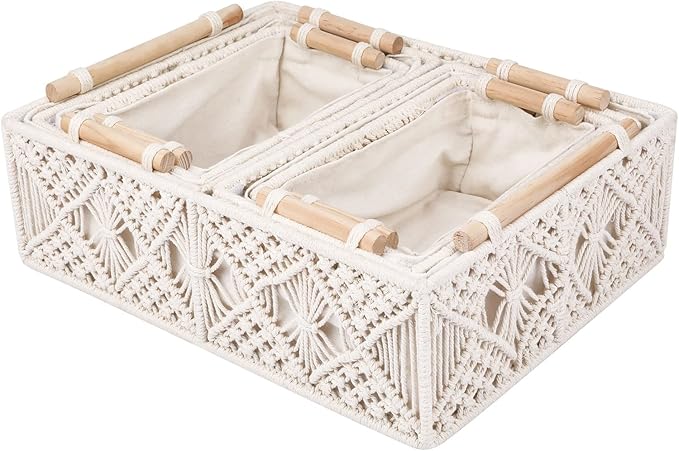 ANMINY 5PCS Macrame Storage Baskets for Organizing Boho Decor Baskets Storage Bins with Wood Handles Handmade Decorative Storage Boxes with Removable Liner Toilet Tank Bathroom Self Basket Organizer