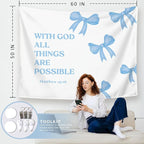 LIANGW Light Blue Bible Verse Christian Wall Tapestry – With God All Things are Possible Bible Blue Bow Aesthetic for Girls Bedroom or Dorm Room,Faith-Based Blue Room Decor Aesthetic, 50x60 Inch