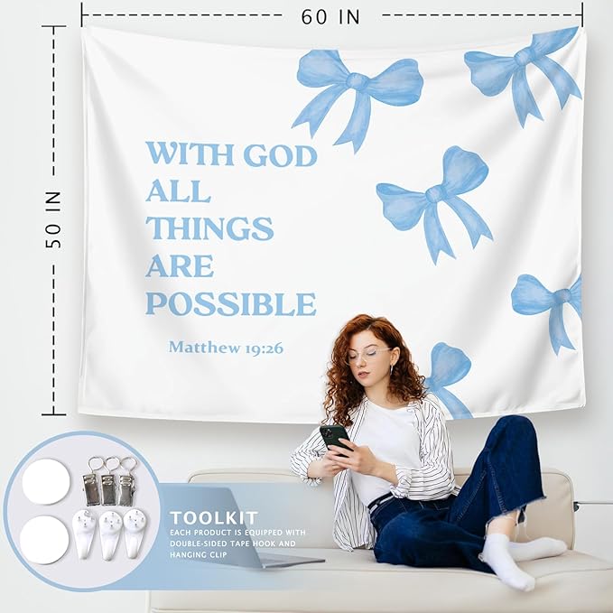 LIANGW Light Blue Bible Verse Christian Wall Tapestry – With God All Things are Possible Bible Blue Bow Aesthetic for Girls Bedroom or Dorm Room,Faith-Based Blue Room Decor Aesthetic, 50x60 Inch