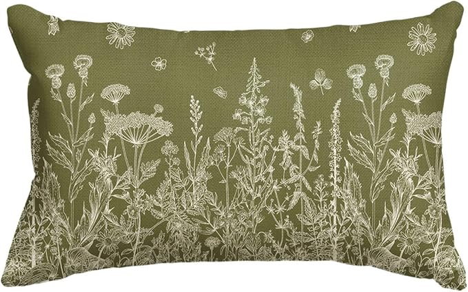 AVOIN colorlife Wildflowers Spring Antique Herbs Green Throw Pillow Cover, 12 x 20 Inch Flower Cushion Case Decoration for Sofa Couch
