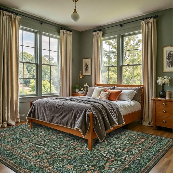 8x10 Area Rugs for Living Room Bedroom, Large Washable Rug, Green Vintage Floral Boho Rug, Non Slip & Low Pile Faux Wool Thin Carpet for Indoor Dining Room and Kids Room(Green 8x10ft)