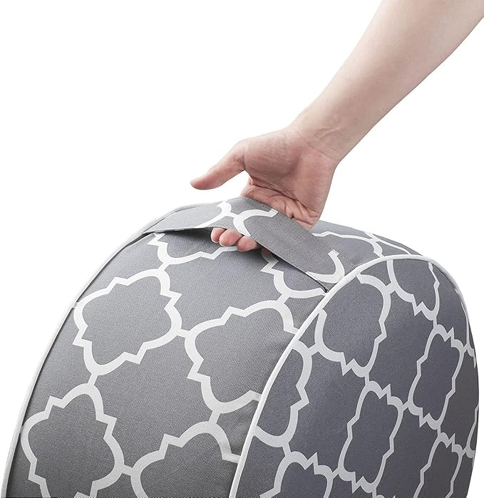 Outdoor/Indoor Inflatable Ottoman Pouf D20 xH9, All Weather Round Footstool with Foot Pump, Water Repellent Portable Footrest with Handle for Patio Garden Camping Travel-Grey Geometry
