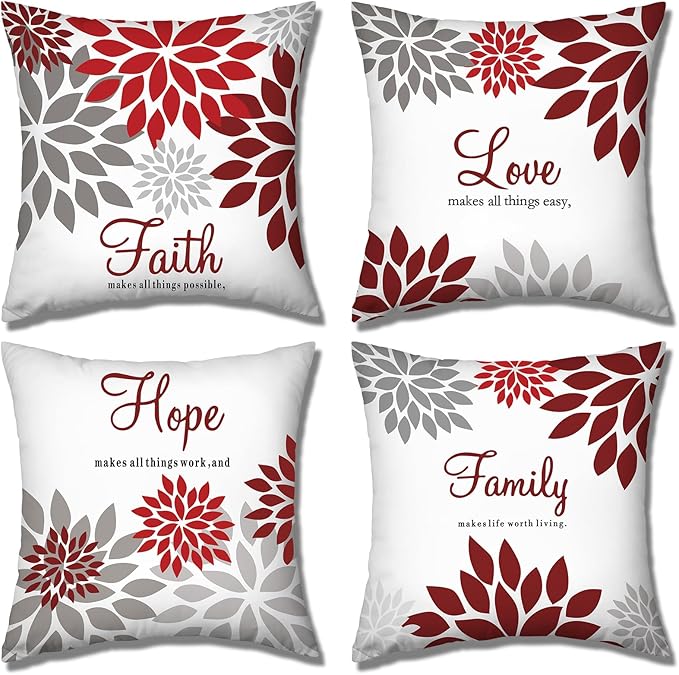 Tatuo 4 Pcs Flower Pillow Covers Square Spring Pillow Cushion Cases 18 x 18 Inch Family Faith Hope Love Words Decorative Summer Winter Cushion Case for Bed Couch Sofa Living Room(Red Series)