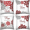 Tatuo 4 Pcs Flower Pillow Covers Square Spring Pillow Cushion Cases 18 x 18 Inch Family Faith Hope Love Words Decorative Summer Winter Cushion Case for Bed Couch Sofa Living Room(Red Series)