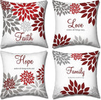 Tatuo 4 Pcs Flower Pillow Covers Square Spring Pillow Cushion Cases 18 x 18 Inch Family Faith Hope Love Words Decorative Summer Winter Cushion Case for Bed Couch Sofa Living Room(Red Series)