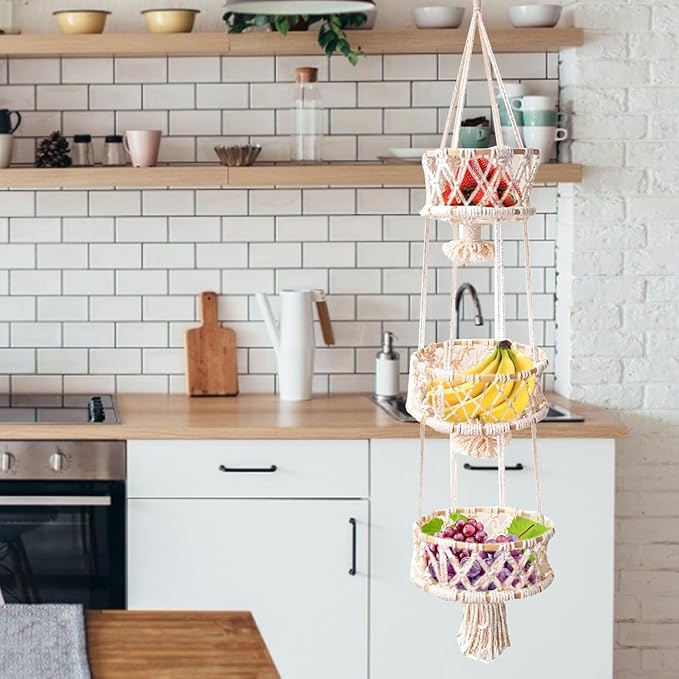 Multi Layer Woven Rope Organizer | Boho Hanging Plant Holder – 3-Tier Macrame Flower Basket, Decorative Indoor Pot Storage, Unique Hanging Ornament for Bedroom, Balcony, Kitchen, Office, Housewarming
