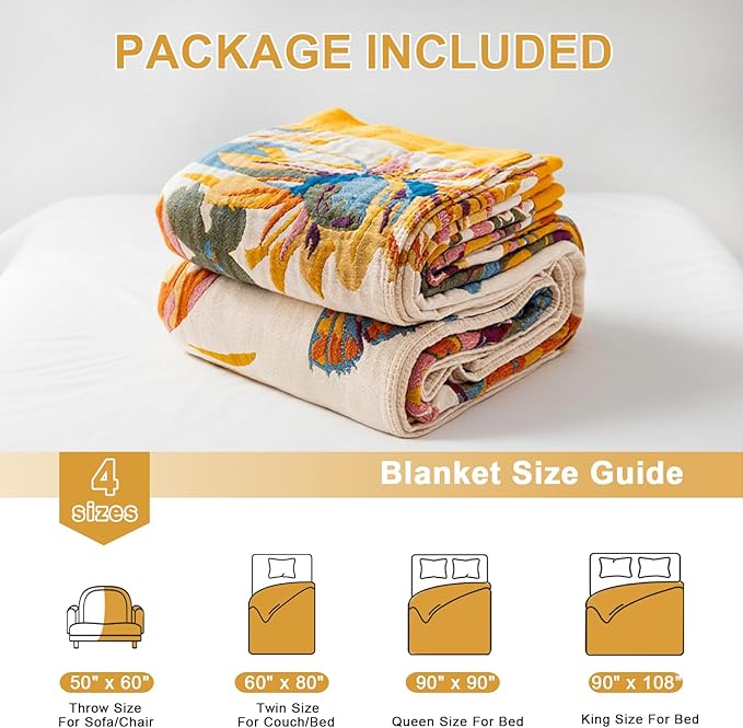 Boho Throw Blanket for Bed 90"x90", 100% Soft Cotton Bohemian Blankets with Rustic Floral Printed Decor, Spring Throw Blanket for Couch Cozy Breathable King Size All Season