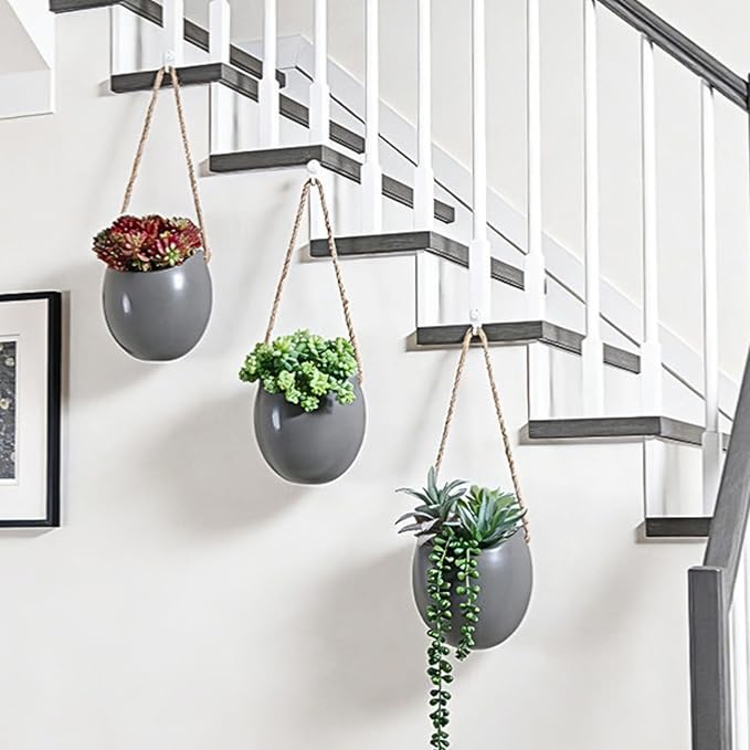 Set of 3 Ceramic Hanging Planters for Small Plants & Artificial Greenery, Wall Decor for Bathroom Living Room Bedroom Home Office Corridors