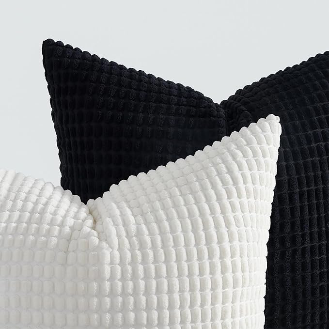 Topfinel 4 Packs Black and WhiteDecorative Throw Pillow Covers 22x22 Inch for Living Room Couch Bed Sofa, Boho Western Farmhouse Home Decor, Square Soft Moss Corduroy Fall Cushion Case 55x55 cm