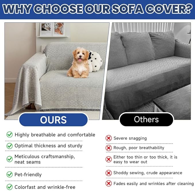 ROOMLIFE Gray Couch Cover Boho Sofa Covers for 3 Cushion Couch Washable, Furniture Protector Sofa Couch Cover for Dogs, Soft Breathable Sofa Slipcover, Couch Throw Blankets with Tassels 71''X134''