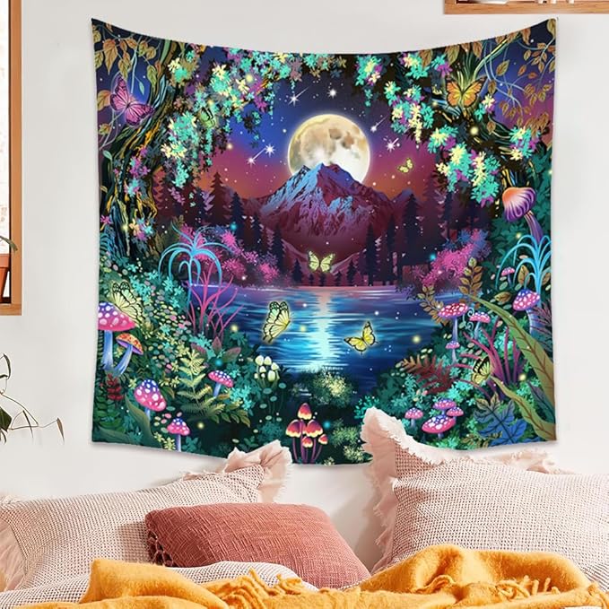 Blacklight Fantasy Forest Tapestry Moon Mountain Lake UV Reactive Tapestry Glow in the Dark Mushroom Tapestries Wall Hanging Galaxy Space Blacklight Tapestries for Bedroom Living Room Decor 51”x59”