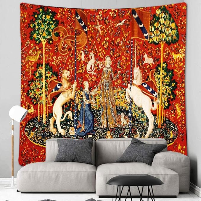 FEASRT Medieval Princess Tapestry Maiden and Unicorn - European Royal Tapestry, 40x30 Inches Soft Flannelette, for Living Room Royal Historical Decor