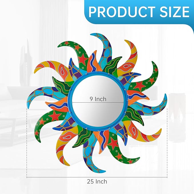 Colorful Sun Wall Mirror Decorative 25 inch Metal Frame Sunburst Boho Mirror for Entryway Bedroom Living Room Bathroom House Warming Gifts New Home Essential (Blue)