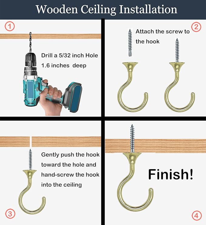 2 Sets Heavy Duty Swag Ceiling Hooks with Hardware for Hanging Plants, Cavity Wall Fixing, Easy Installation, Holds Up to 30lbs, Ideal for Home & Garden (2 Sets, Gold)