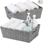Large Wicker Storage Basket, Metal Frame, Set of 2, Washable Waterproof, 15" x 10.3" x 5.2", Grey Color, Woven Basket for Pantry, Toilet, Bathroom, Bedroom, Patio
