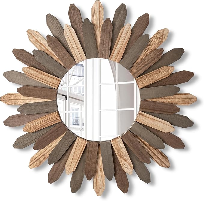 Emfogo Wall Mirror 21 inch Large Rustic Wood Boho Mirror Wall Decor Boho Room Decor Home Decor Aesthetic Farmhouse Decor for Bedroom Living Room Entryway(Tri-Color)