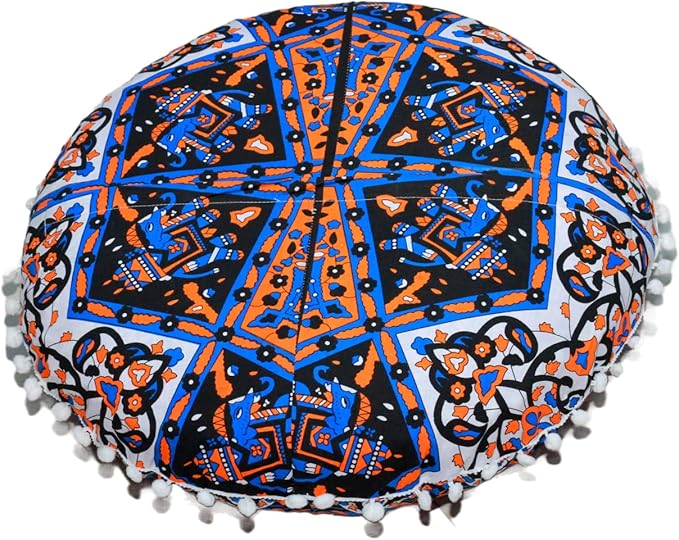 CRAFT KALA 22" Mandala Meditation Floor Pillows Cover Pouf Cover Round Seating Bohemian Mandala Cotton Floor Cushion Cover Outdoor Fireplace Seating Living Room Yoga Room Home Décor Blue Yellow Flower