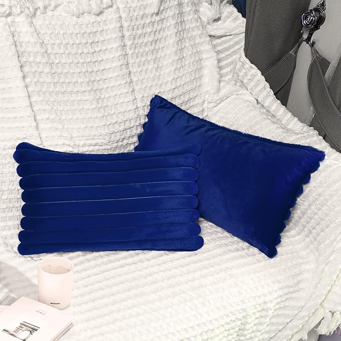 2 Pack 12x20 Pillow Cover Velvet Pillow Covers, Faux Fur Oblong Throw Pillow Covers for Living Room Decorations Throw Pillow Case, Throw Pillow Cover Cushion Cover for Home Sofa Bedroom Car, Navy Blue
