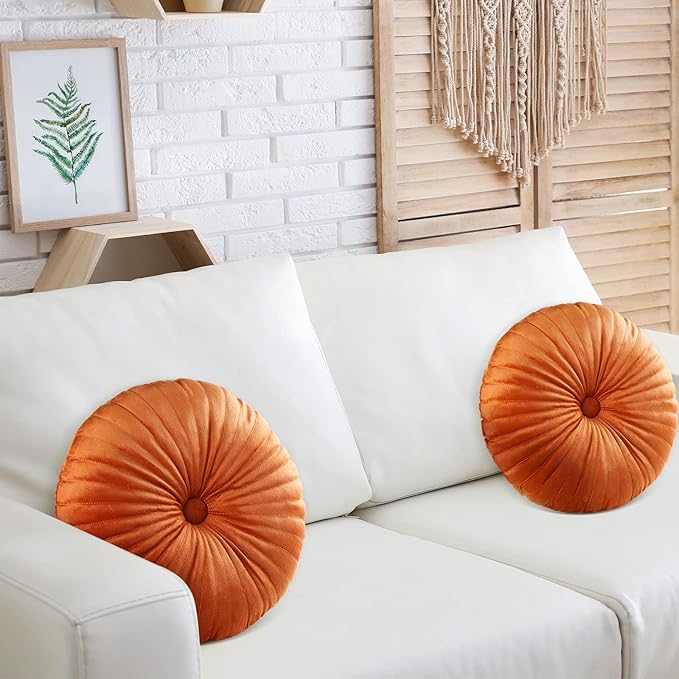 Namalu 2 Pcs Round Throw Pillow 13.8 Inch Decorative Round Velvet Floor Pillows Pumpkin Throw Pillows with Center Button for Thanksgiving Home Decor Living Room Sofa Couch Bed Chair (Burnt Orange)