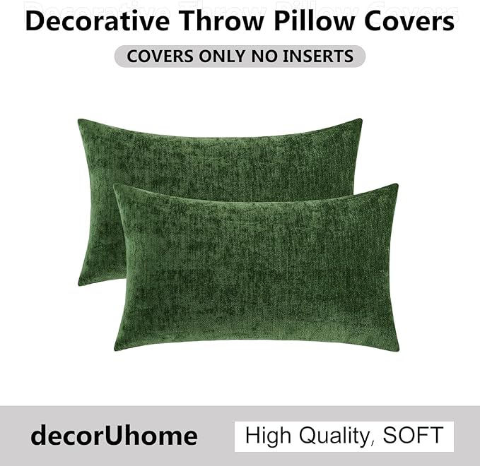 decorUhome Chenille Moss Green Spring Throw Pillow Covers 12x20 Inch Set of 2, Decorative Soft Couch Pillow Covers Solid Dyed Accent Farmhouse Neutral Rectangle Pillow Cases for Sofa