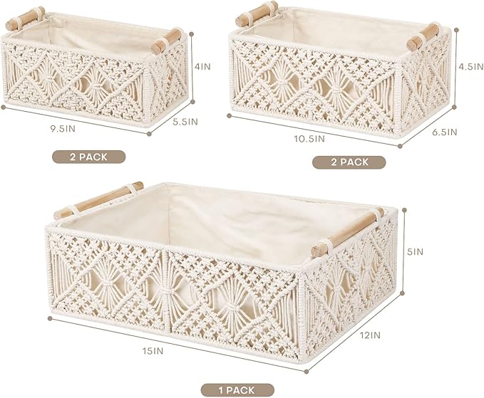 ANMINY 5PCS Macrame Storage Baskets for Organizing Boho Decor Baskets Storage Bins with Wood Handles Handmade Decorative Storage Boxes with Removable Liner Toilet Tank Bathroom Self Basket Organizer