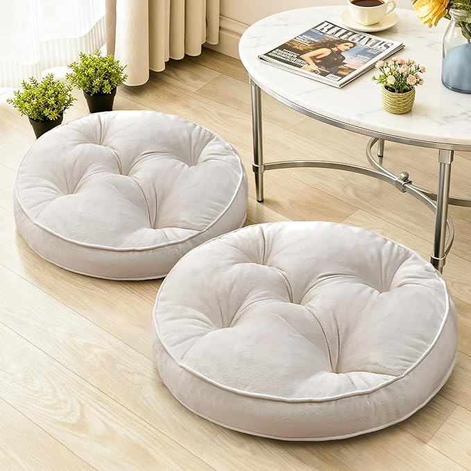 Floor Pillow Set of 2, Memory Foam Meditation Cushion, Floor Cushions for Adults Sitting, Large Round Seat Cushions for Yoga, Living Room, 20x20 Inch (Round | Off-White)