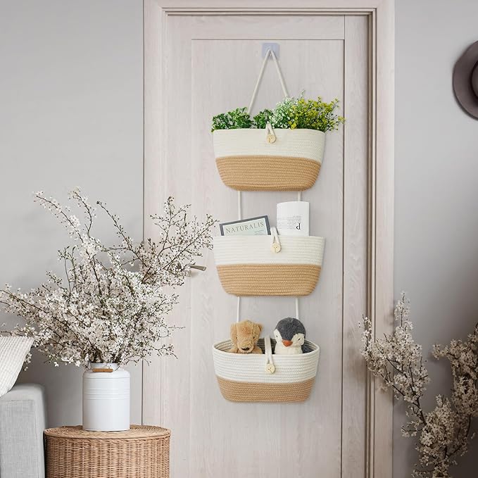 TeoKJ Over the Door Hanging Baskets with Wooden Button, 3-Tier Wall-Mounted Decorative Nursery Kitchen Baskets, White & Jute