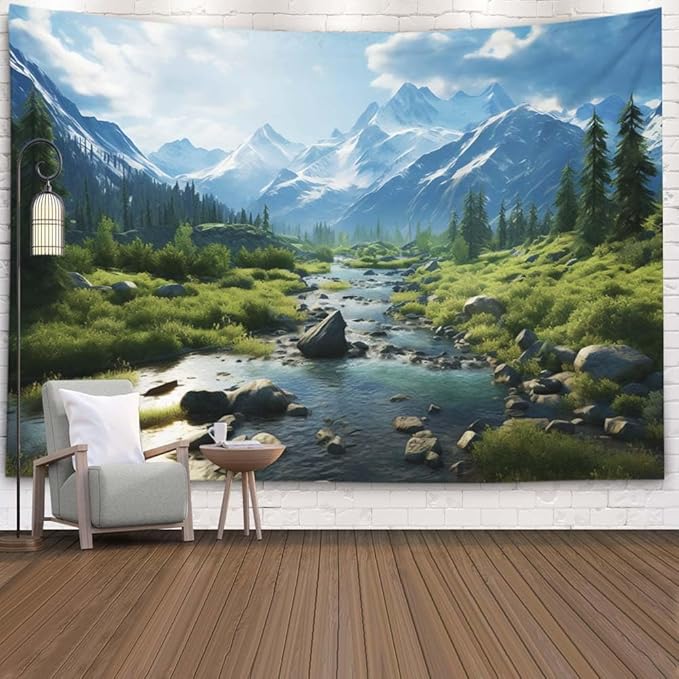 EMMTEEY Landscape Tapestry Wall Decor 60X50 Inch-Forest Mountains Water Scenery Durable Wall Tapestry for Living Room