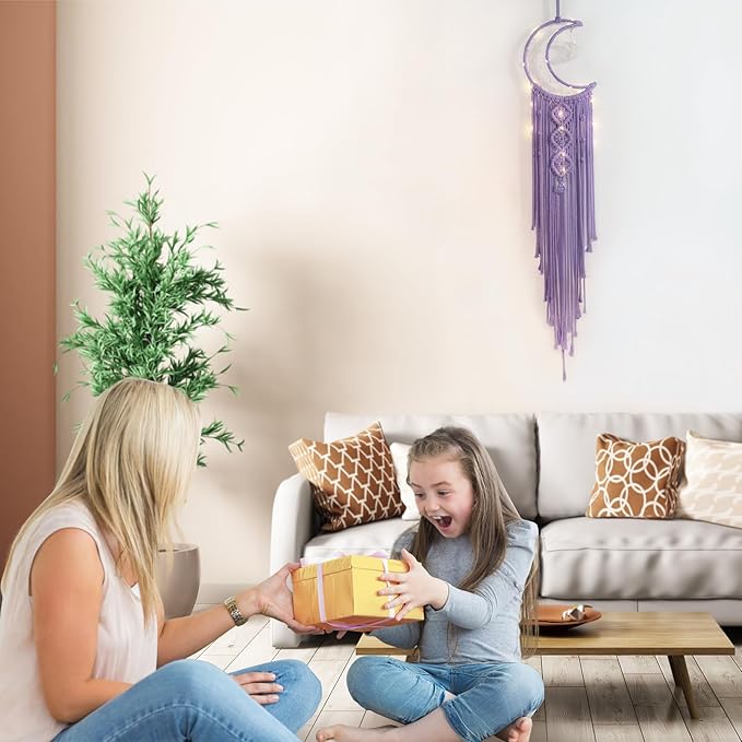 Boho Macrame Woven Wall Hanging for Girl, Crochet Crescent Moon Star Dream Catcher with Light, Purple Cotton Handmade Bohemian Home Decor Decoration for Kids Nursery Bedroom Dorm Room