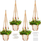 Macrame Plant Hanger Indoor Set,Hanging Planters for Indoor Plants Outdoor,Hanging Plant Holder Basket Pot with 8 Hooks,Boho Home Decor Crochet Beads Window Ceiling,No Tassels 4 Pack,Brown