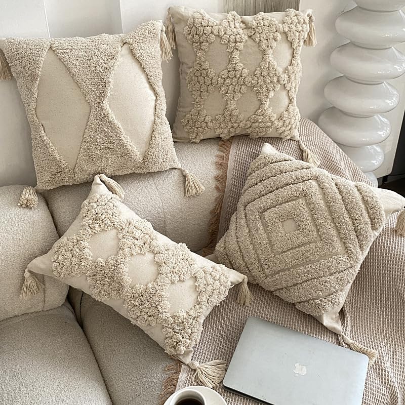 Ethnic Retro Style Tassel Sofa Bedside Cushion Cover Office Lumbar Pillow Tufted Pillow Cover Moroccan Cushion Cover (Geometric Rhombus), Beige