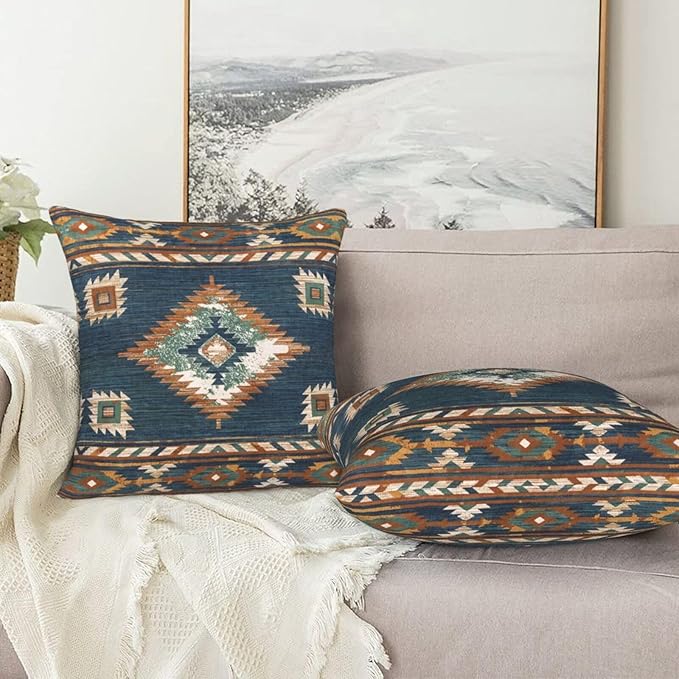 Southwest Aztec Western Pillow Covers 20x20 Set of 2, Native American Blue Throw Pillow Covers Outdoor Decorative Pillow Case for Couch Bed Sofa Cushion Home Decor