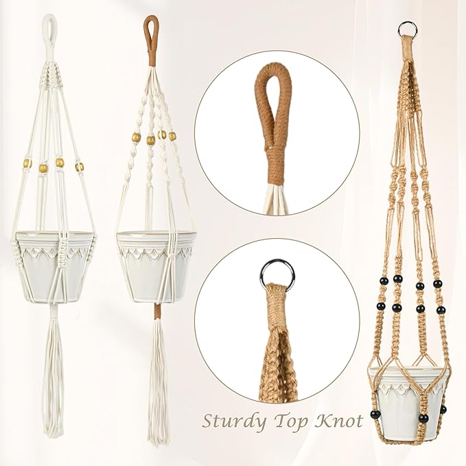 BB FUN HOUSE Macrame Plant Hanger Indoor Hanging Planter Basket with Wood Beads Decorative Flower Pot Holder No Tassels for Indoor Outdoor Boho Home Decor 35 Inch (POTS NOT Included)