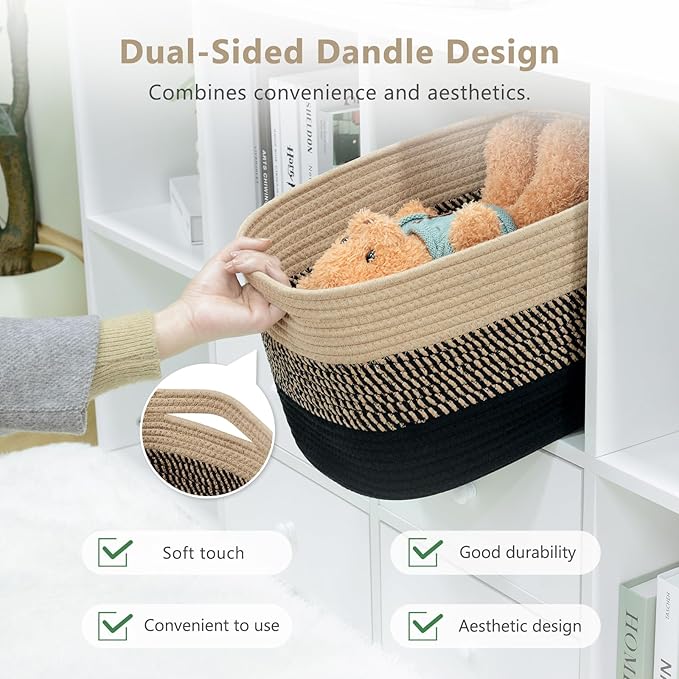 Cotton Rope Storage Basket, 15x10x9 Inches, Woven Basket for Shelves, Clothes, Towels, Books, and Laundry, Gradient Black/Brown (1 Pack)