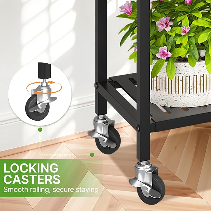 KMOTASUO 3 Tier Black Tall Plant Stand with Wheel for Indoor Outdoor, Heavy Duty Metal Multiple Large Planter Rack for Narrow Corner, Sturdy Iron Vertical Flower Holder for Modern House Patio Bathroom