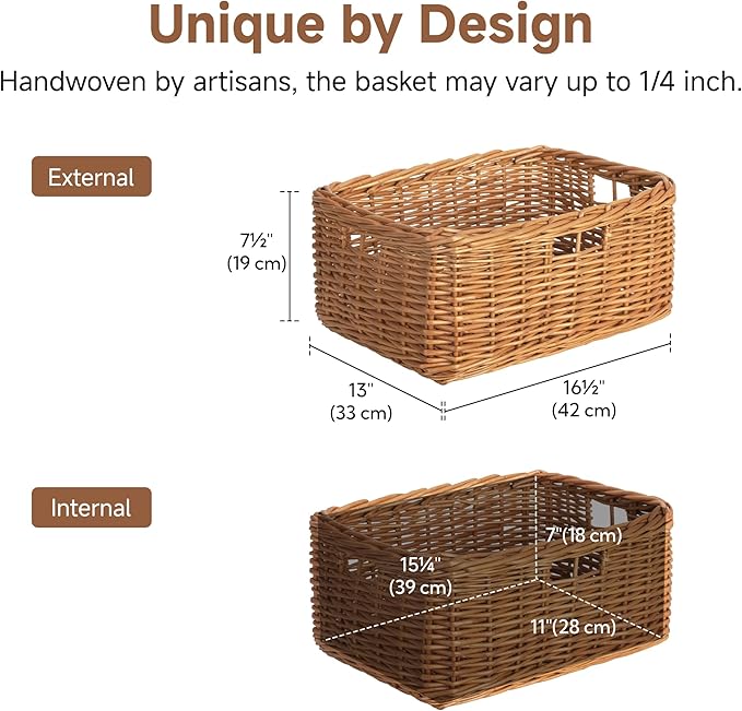 StorageWorks Pantry Baskets, Willow Storage Baskets for Organizing, Shelves, Pantry Organizers and Storage, Light Brown, 16 ½"L x 13"W x 7 ½"H