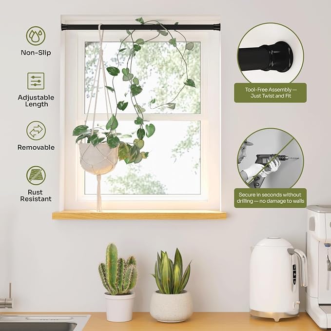 Bamworld Window Plant Hanger Indoor Adjustable Hanging Planters for Indoor Plants Spring Tension Rods 27''-51'' No Drilling Expandable Hanging Plant Holder for Hanging Basket for Balcony Decor(Black)