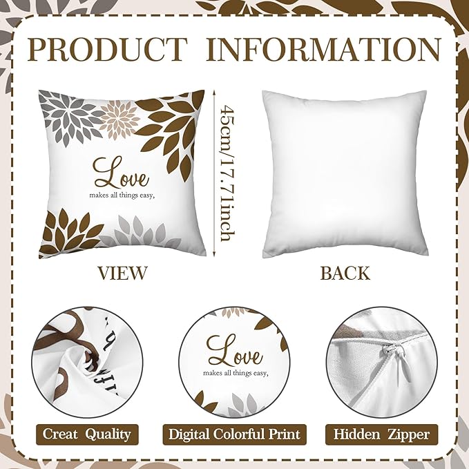 Tatuo 4 Pcs Flower Pillow Covers Square Spring Pillow Cushion Cases 18 x 18 Inch Family Faith Hope Love Words Decorative Summer Winter Cushion Case for Bed Couch Sofa Living Room(Dark Brown Series)