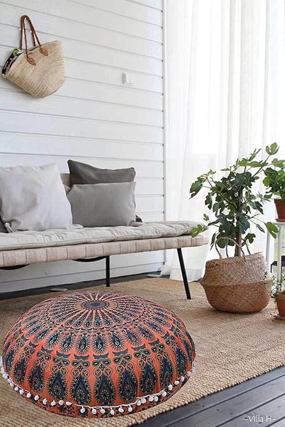 Indian Mandala Cotton Floor Pillow Living Room Decor Throw Round Seating Pouf Cover Decorative Cushion Yoga Hippie Puffe Sham Chair Couch 32 Inches