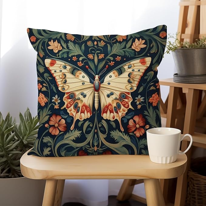 William Morris Abstract Vintage Floral Velvet Butterfly Design Throw Pillow Covers Home Decor, Retro Art Decor Pillowcase Cushion Cover for Bed Sofa Living Room, Square 18x18inch (Beige-Butterfly)