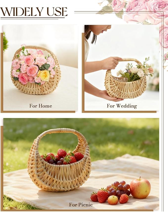 Rattan Half Moon Wicker Basket, Small Wicker Woven Basket with Handle, Woven Wedding Flower Girl Baskets, Picnic Basket, for Home Wedding Decor, Photo Props, Camping（7 in）