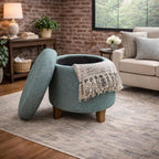 HomePop by Kinfine Fabric Upholstered Round Storage Ottoman - Button Tufted Ottoman with Removable Lid, Teal Woven