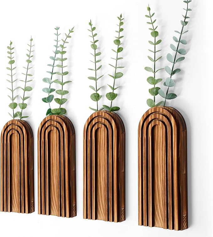 4 Pack Wall Planter Indoor Decor Plant Holders Boho Wood Hanging Vases for Modern Farmhouse Living Room Bedroom Rainbow Decor (Dark Brown)