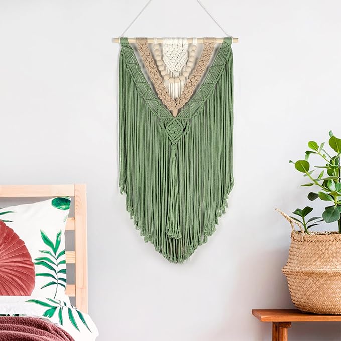 HVEST Macrame Woven Wall Hanging Handmade Boho Tapestry Green Home Decor, Bohemian Tapestry Aesthetic Wall Decoration for Bedroom Living Room Apartment Nursery Backdrop