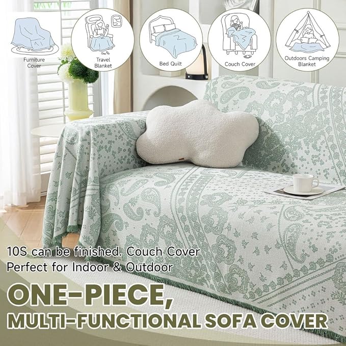 ROOMLIFE Green Couch Covers for Sofa, Sofa Covers Washable Non Slip Furniture Protector Couch Sofa Covers for 3 Cushion Couch, Breathable Sofa Slipcovers Couch Cover Blanket with Tassels 71" X 134"